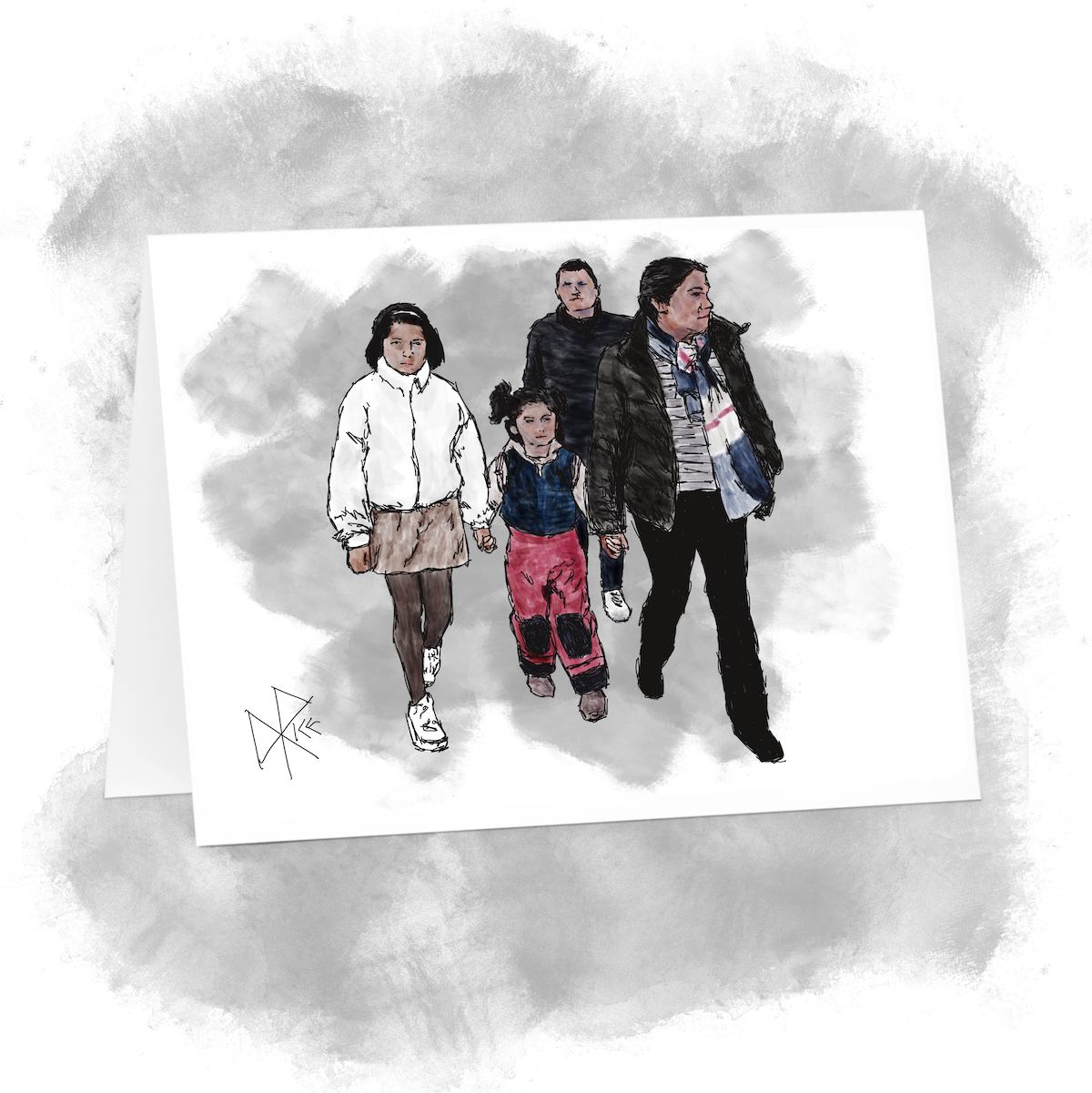 A family walking through the mall, in winter. Mother and eldest daughter hold the hands of the younger daughter in the middle, while the father brings up the rear. Sketch art by Don Rice.