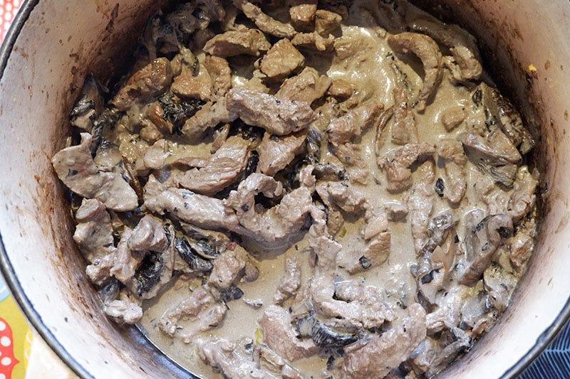 A pot full of beef stroganoff A pot full of beef stroganoff