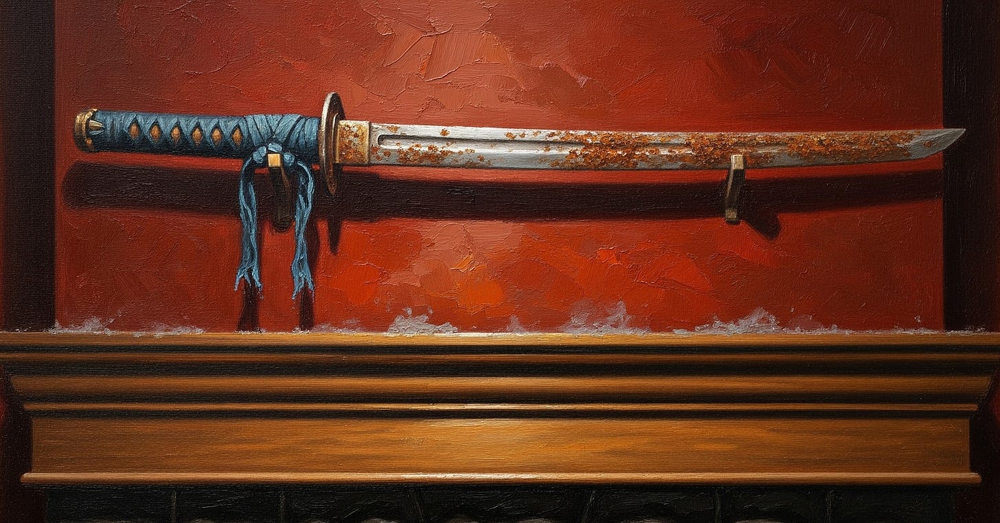 A rusted katana above a fireplace.