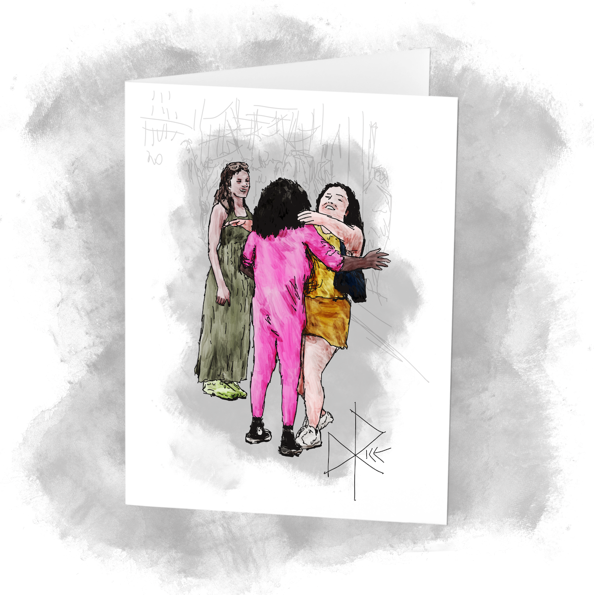 Meeting at a street festival, two friends greet each other with open arms and full hearts. A third friend stands behind them and enjoys their interaction. Sketch art by Don Rice.