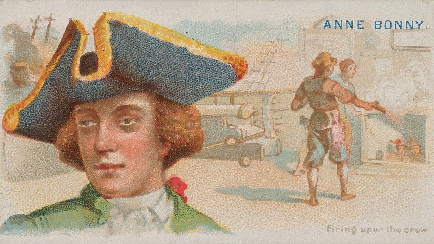 Anne Bonny, Firing Upon the Crew, from the Pirates of the Spanish Main series (N19) for Allen & Ginter Cigarettes.  