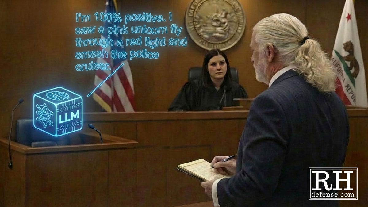 In a courtroom, a defense attorney stands before the bench while a judge watches; the witness chair holds a glowing cube labeled “LLM,” projecting wavering text into the air that reads with absolute certainty, illustrating authoritative language detached from a human speaker or accountability.