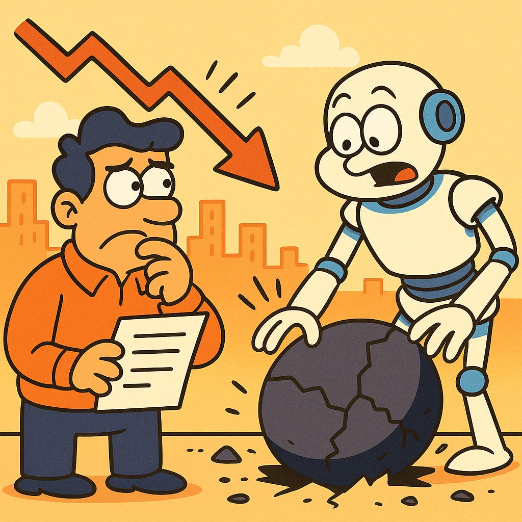 Robot dropping a rock breaking the ground while a manager looks on Robot dropping a rock breaking the ground while a manager looks on