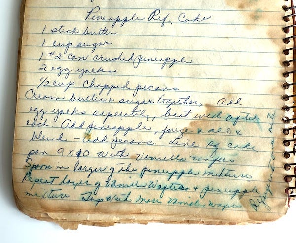Recipe for Pineapple Refrigerator Cake in booklet