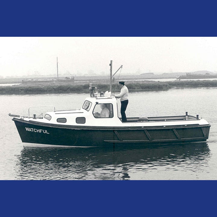4 photographs showing the exterior of police boat Watchful from various angles. It is a small river boat with an open back.