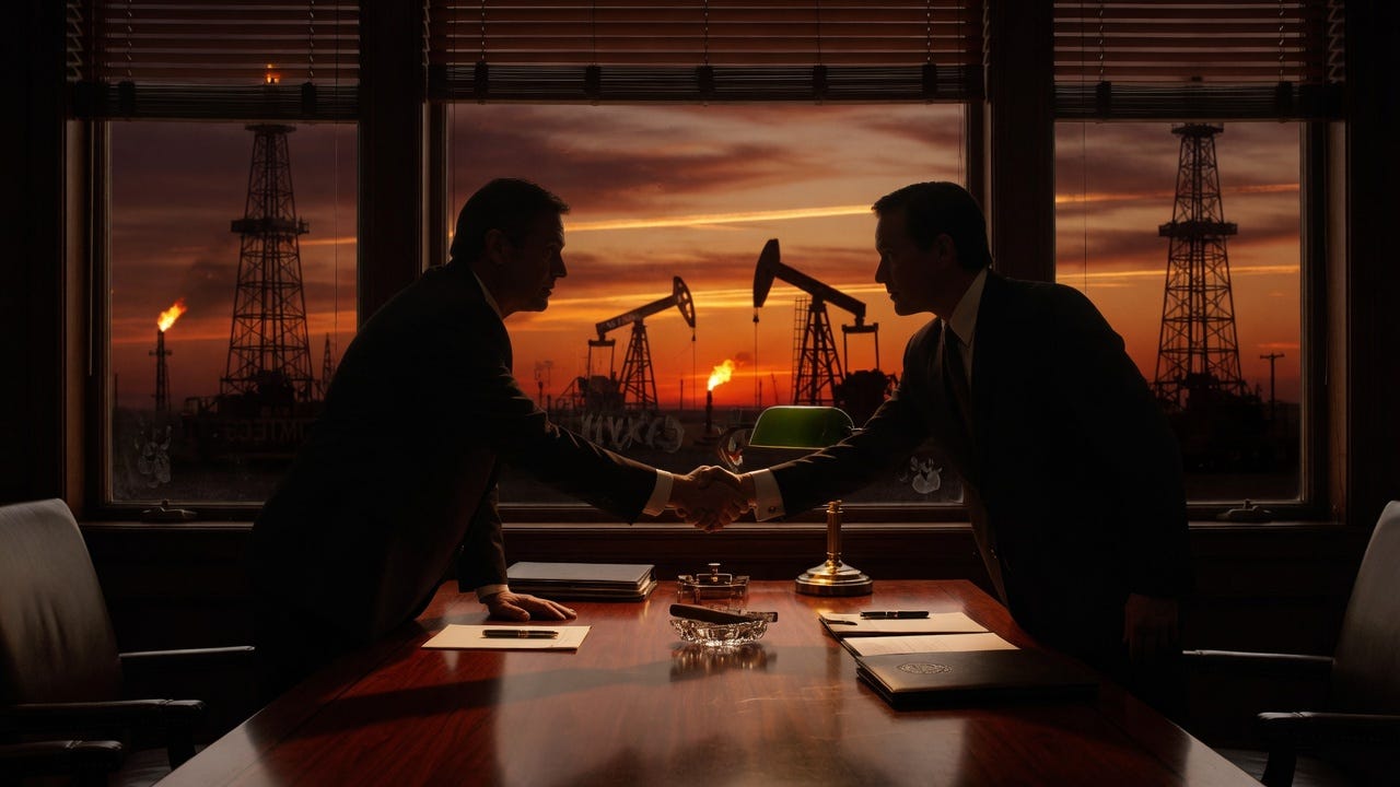 Two shadowed figures shaking hands with oil derricks at sunset visible through window behind them