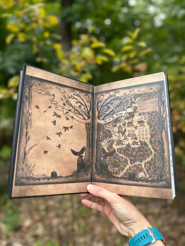 Four photos of Sooz with The Executioners Three in front of the first autumn leaves of the season. In the first photo, she's smiling, in the second she's looking goofily afraid, in the third she's showing the printed edges that read Take Heed, and in the fourth, she's showing the gorgeous end papers that show the full color map