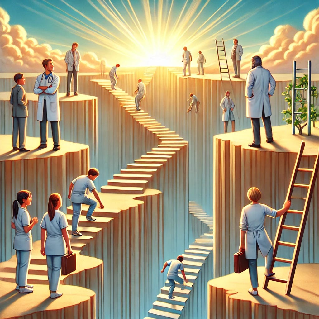 A symbolic illustration of the 'Valley of Despair,' depicting young clinicians struggling at the bottom but with wonderful staircases and ladders leading out of it. The staircases are well-structured, representing mentorship, experience, and learning, while the ladders symbolize key skills, resilience, and guidance from experienced professionals. Some clinicians are climbing steadily, while mentors stand at the top, encouraging them. The scene is hopeful, with bright sunlight above the valley, symbolizing growth and progress. The style is semi-realistic with a motivational and uplifting tone.
