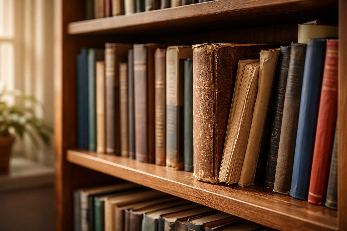 Carte uzată ieșită dintr-un raft de bibliotecă reală, luminată natural.