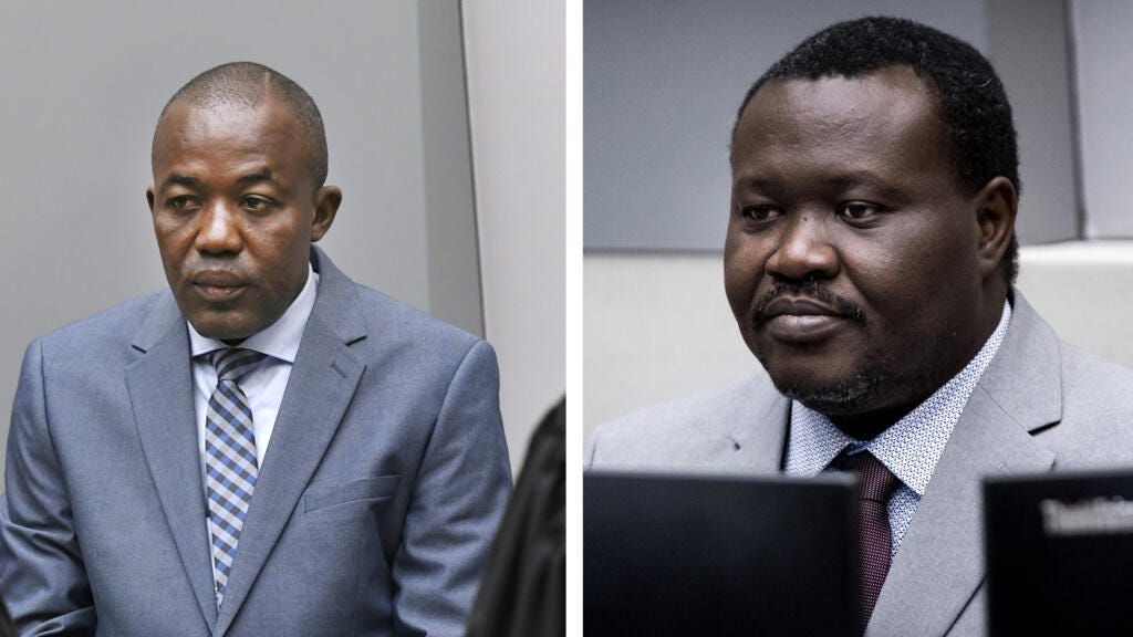 In this combination file photos (taken in  2018 and 2019), Alfred Yekatom (left), a Central African Republic lawmaker and militia leader who goes by the nickname Rambo, and the chief of Central African Republic's soccer federation Patrice-Edouard Ngaissona, appear before the International Criminal Court, ICC, in The Hague, Netherlands. 