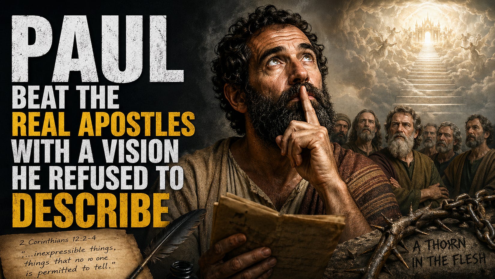 Apostle Paul holding a scroll and raising a finger to his lips in a gesture of secrecy, with shadowed apostles watching behind him and a glowing heavenly staircase with angels in the background; bold text on the left reads “Paul Beat the Real Apostles With a Vision He Refused to Describe.”