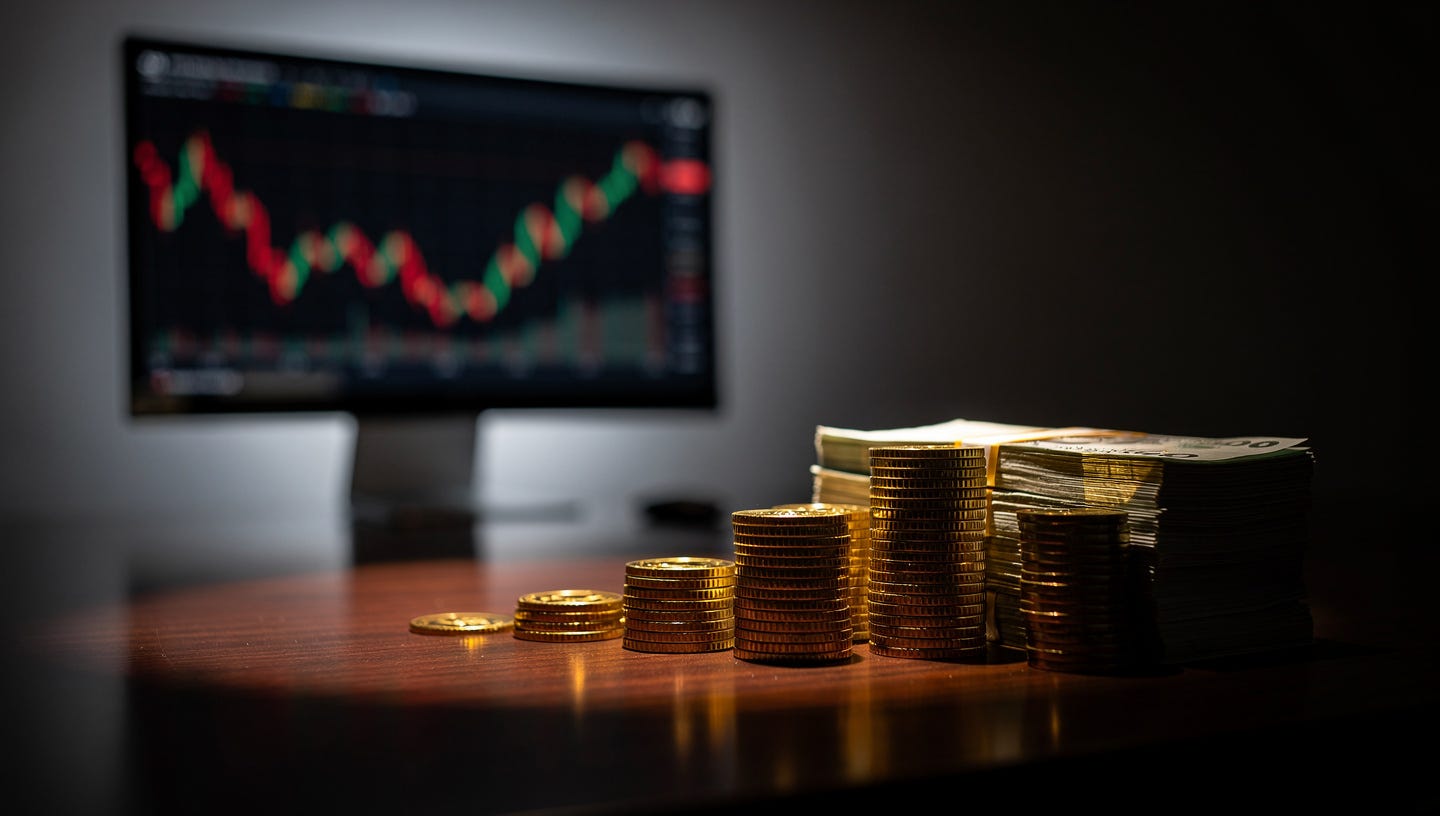 A high-end, cinematic wide-angle shot on a minimalist dark mahogany desk. In the sharp foreground, several neat, tall stacks of gold coins and crisp banknotes are illuminated by a warm, focused spotlight, representing tangible cash flow. In the background, softly blurred (bokeh effect), a sleek computer monitor shows a volatile red and green stock market line chart, symbolizing market noise. Professional financial atmosphere, hyper-realistic, 8k resolution, elegant lighting, shallow depth of field, sophisticated business aesthetic. A high-end, cinematic wide-angle shot on a minimalist dark mahogany desk. In the sharp foreground, several neat, tall stacks of gold coins and crisp banknotes are illuminated by a warm, focused spotlight, representing tangible cash flow. In the background, softly blurred (bokeh effect), a sleek computer monitor shows a volatile red and green stock market line chart, symbolizing market noise. Professional financial atmosphere, hyper-realistic, 8k resolution, elegant lighting, shallow depth of field, sophisticated business aesthetic.