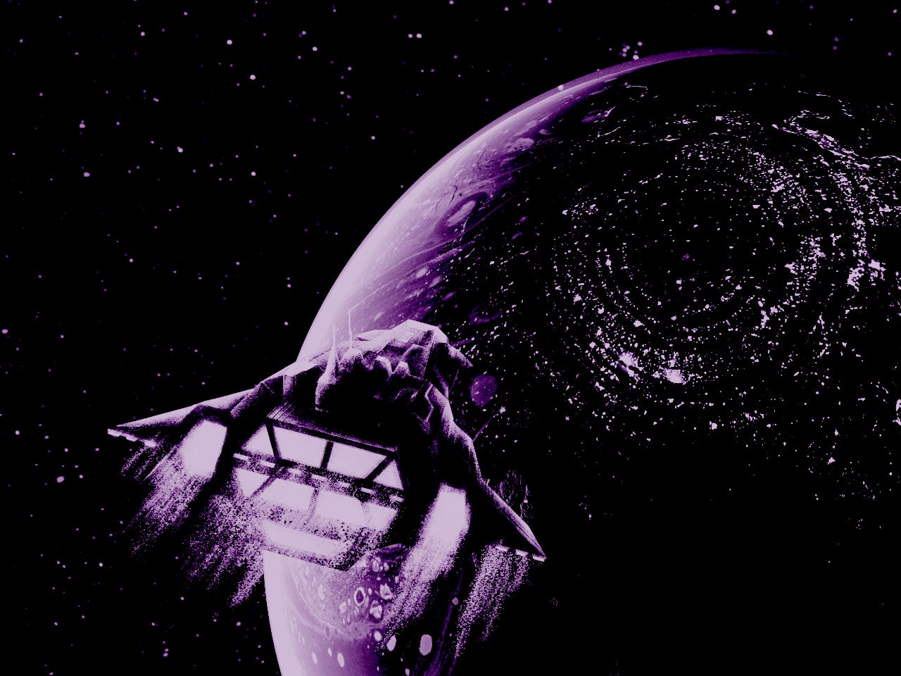 Triangular spaceship with a wide hexagon thruster cruising towards a planet whose night side shows megalopolis lights in concentric circles.Triangular spaceship with a wide hexagon thruster cruising towards a planet whose night side shows megalopolis lights in concentric circles.