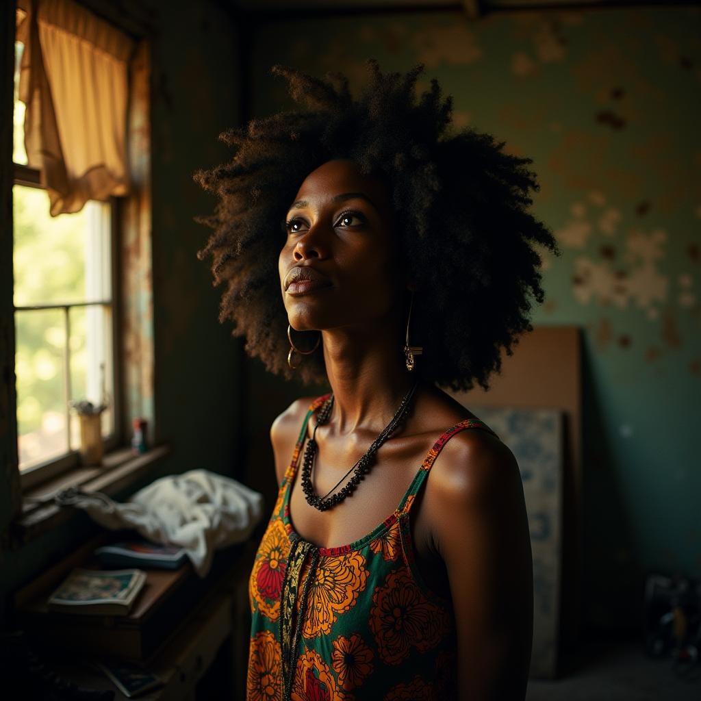 A majestic black Jamaican woman with vibrant afro-textured hair, adorned in a kaleidoscopic dashiki, stands contemplatively in a cluttered, worn-down tenement, her eyes raised in quiet introspection, as if pondering her uncertain future. Soft, golden light dances across her face, casting a warm glow amidst the dimly lit surroundings, imbuing the scene with a sense of hope, reminiscent of the works of Gordon Parks, Carrie Mae Weems, and Dawoud Bey, with a cinematic film grain, vignette, and color grading that evokes a sense of nostalgia, drama, and grittiness.