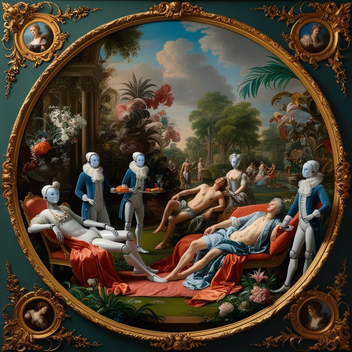 A 1700s inspired painting of robots serving humans relaxing