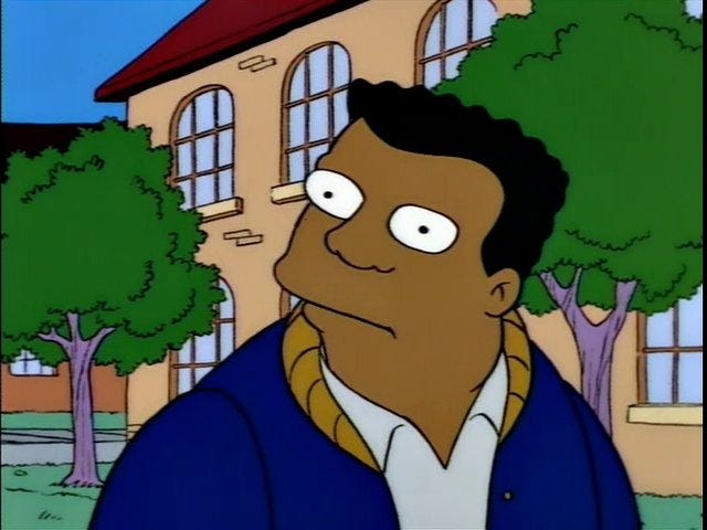 A screenshot from the simpsons of a guy confused by Homer calling someone a Nerd