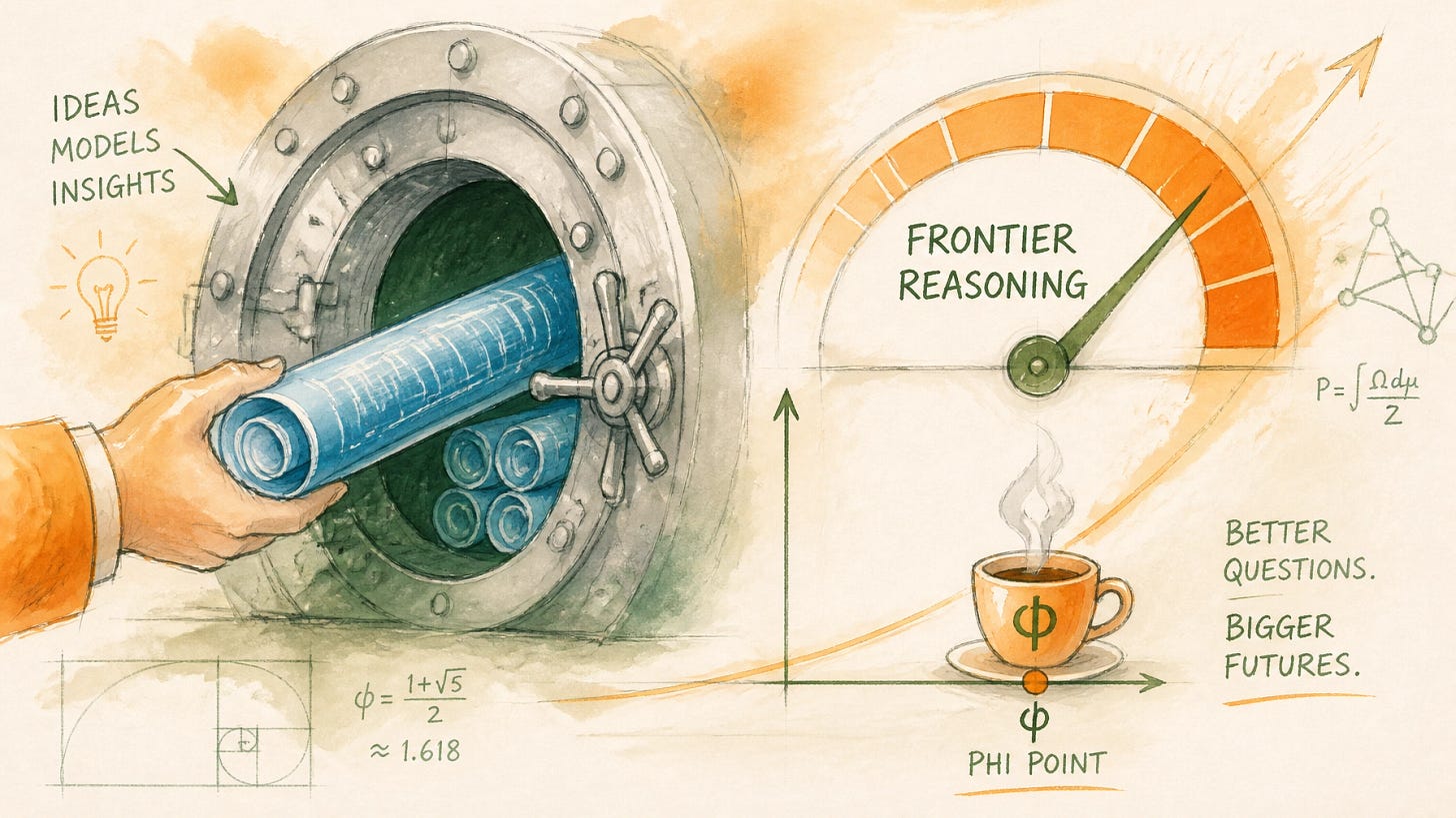 Rolled-up AI planning documents stored in a vault beside a rising "frontier reasoning" price meter — banking plans before compute costs climb.