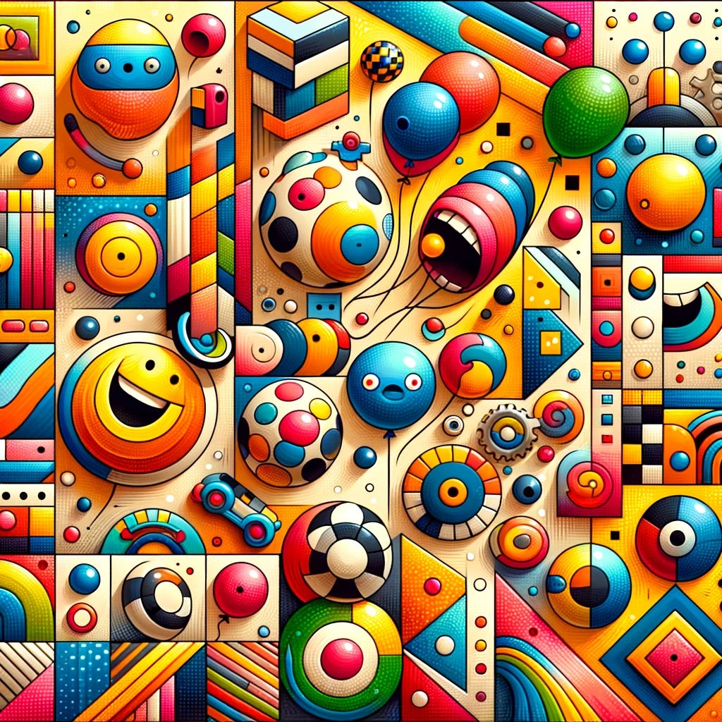 Create a humorous abstract image that features playful shapes and bright, contrasting colors. Imagine a group of geometric shapes having a party: circles bouncing like balloons, squares trying to roll like wheels, and triangles tickling each other's angles. Include whimsical patterns and textures such as polka dots wearing tiny hats and stripes racing each other across the canvas. The colors should be vivid and saturated, evoking a sense of joy and laughter, as if the shapes are in the midst of telling jokes to each other.