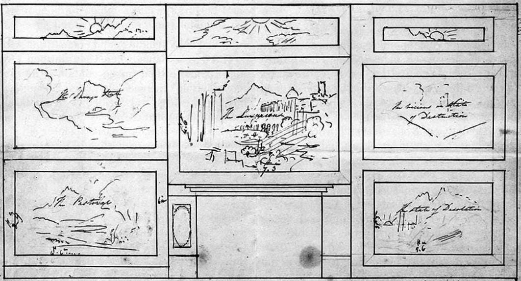 An ink sketch of a wall with five framed scenes arranged around a fireplace.