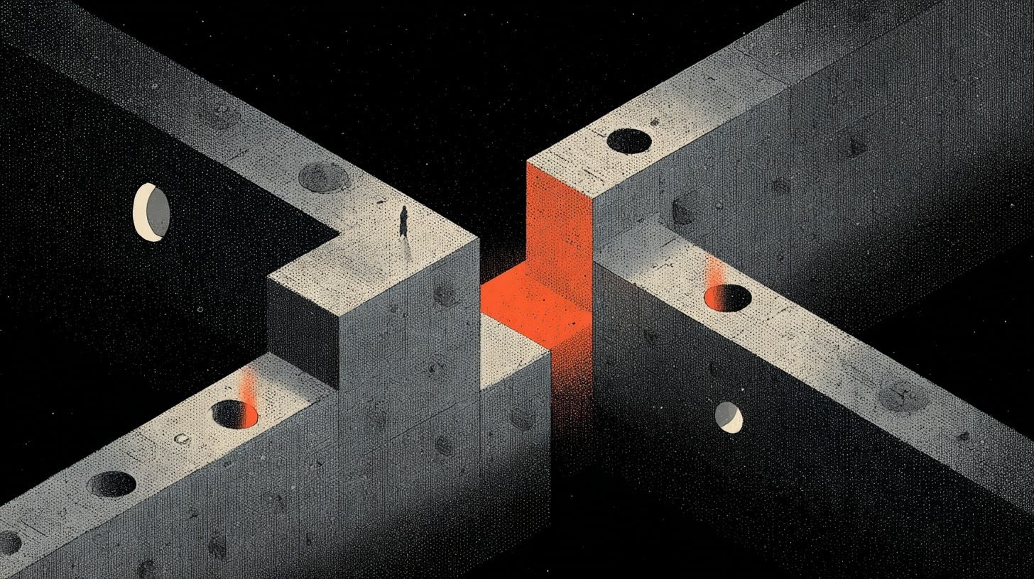 A small figure stands on a tall, gray concrete structure divided by a glowing orange chasm. The geometric walls, filled with circular holes, stretch into darkness, creating a surreal, maze-like environment. The contrast between the stark concrete, deep black background, and vibrant orange light evokes a sense of isolation and contemplation. A small figure stands on a tall, gray concrete structure divided by a glowing orange chasm. The geometric walls, filled with circular holes, stretch into darkness, creating a surreal, maze-like environment. The contrast between the stark concrete, deep black background, and vibrant orange light evokes a sense of isolation and contemplation.