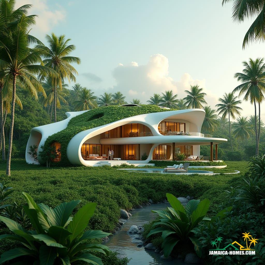 Futuristic Jamaican eco-villa nestled in a lush tropical landscape, AI-driven sustainable design, organic shape