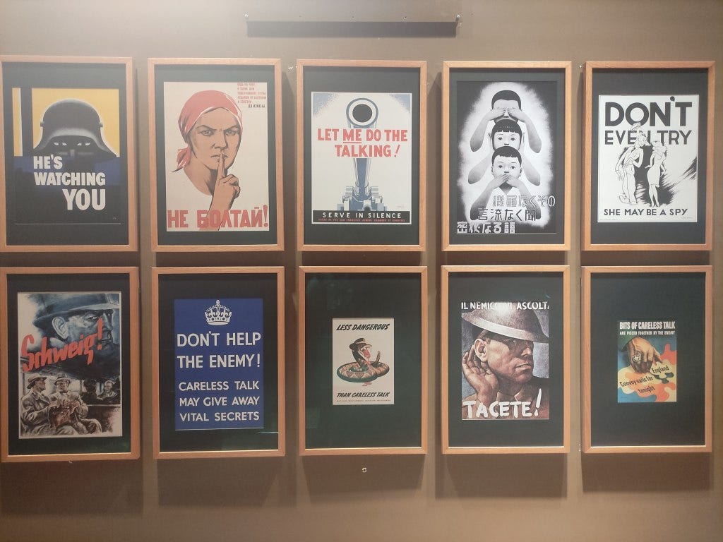 A set of propaganda posters from different countries, in the theme of 'careless talk costs lives'