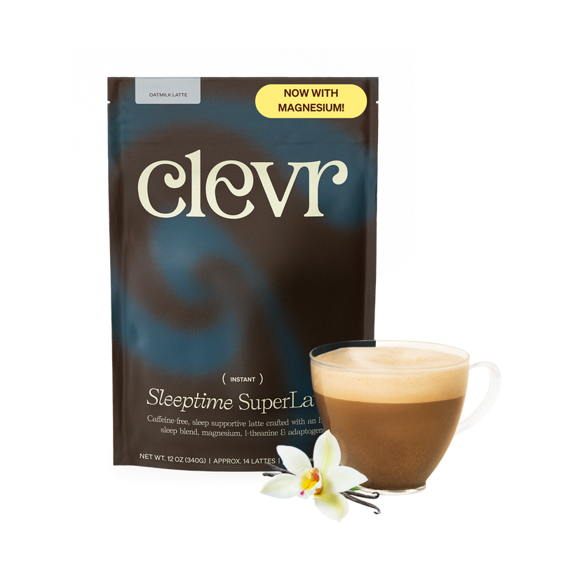 Clevr Sleeptime SuperLatte bag with a cup the drink and vanilla flower on a white background Clevr Sleeptime SuperLatte bag with a cup the drink and vanilla flower on a white background
