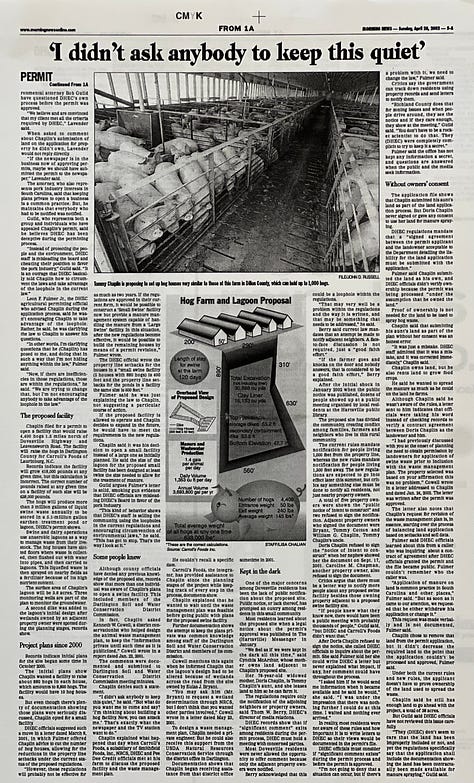 Pictures of the front page and spread inside the Morning News newspaper published on Sunday. Front page as it appeared in the Morning News in 2002 with the two top stories about the hog farm permit and a second story, picked by the AP, shed light on the erroneous math calculations done by state environmental officials. The Sunday package had a spread inside with the main investigations and findings and also an interview with the hog farmer. (Mc Nelly Torres | Don’t Forget My Voice)