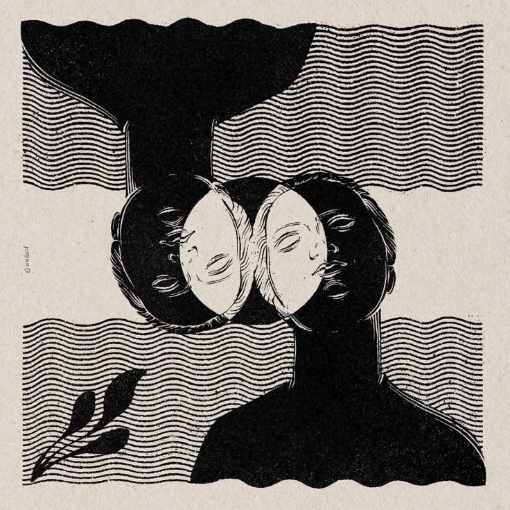 This may contain: two women are facing each other in black and white, with wavy lines on the background This may contain: two women are facing each other in black and white, with wavy lines on the background