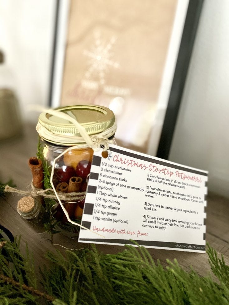 christmas stove top potpourri DIY mason jar gift with free printable gift tag styles with greens