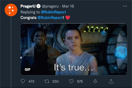 Ucapan selamat dari PragerU lewat Twitter
