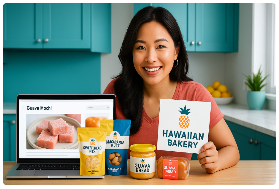 A woman sits at a kitchen counter with a laptop displaying guava mochi, holding a sign that says “Hawaiian Bakery,” surrounded by packaged products including guava bread, macadamia nuts, and sweet bread mix.