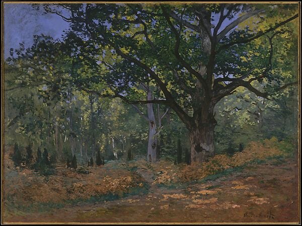 The Bodmer Oak, Fontainebleau Forest, Claude Monet (French, Paris 1840–1926 Giverny), Oil on canvas The Bodmer Oak, Fontainebleau Forest, Claude Monet (French, Paris 1840–1926 Giverny), Oil on canvas