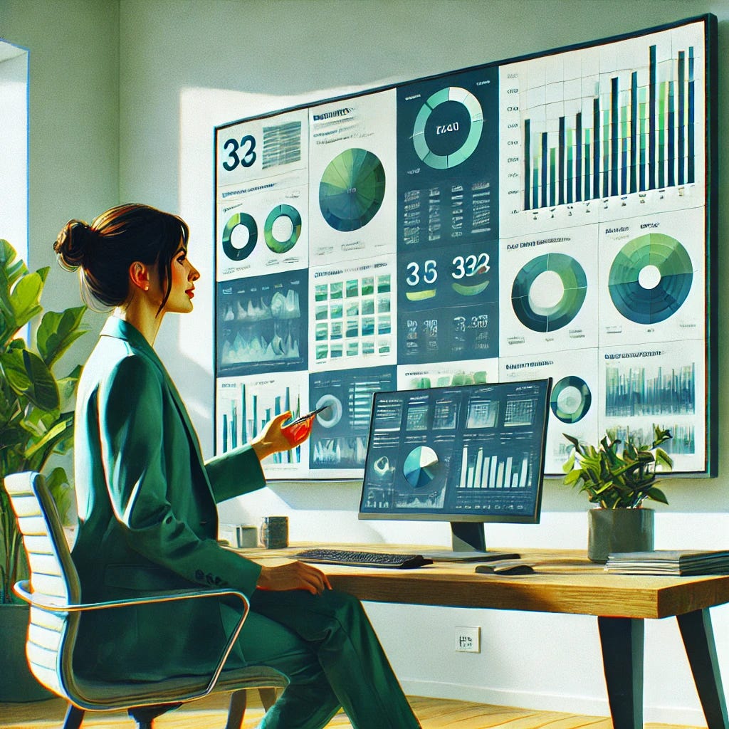 Uma mulher apresentando dados e gráficos para um cliente de forma remota. Ela está sentada em uma mesa, com um computador aberto, e há uma grande tela ao fundo mostrando gráficos dominados pela cor verde (#00d87b). A mulher está vestida de forma profissional, com detalhes verdes em sua roupa. O ambiente é moderno, minimalista, iluminado, e com um fundo branco. O estilo é de pintura a óleo, destacando o uso do verde nos gráficos e no ambiente. Não há texto visível na imagem.