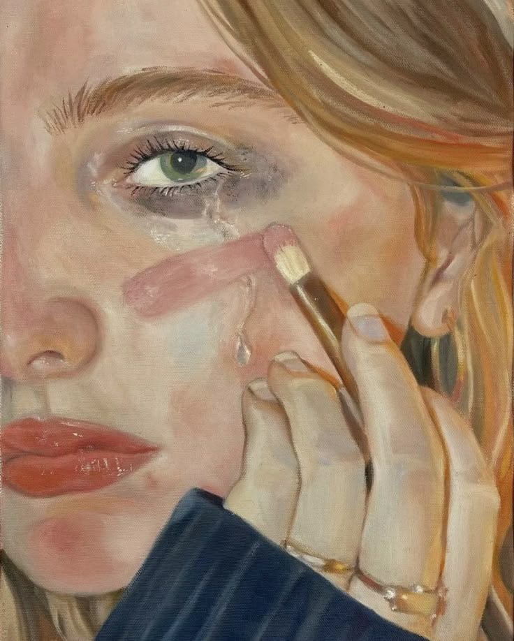 This may contain: a painting of a woman holding a brush to her eye and applying it on her cheek