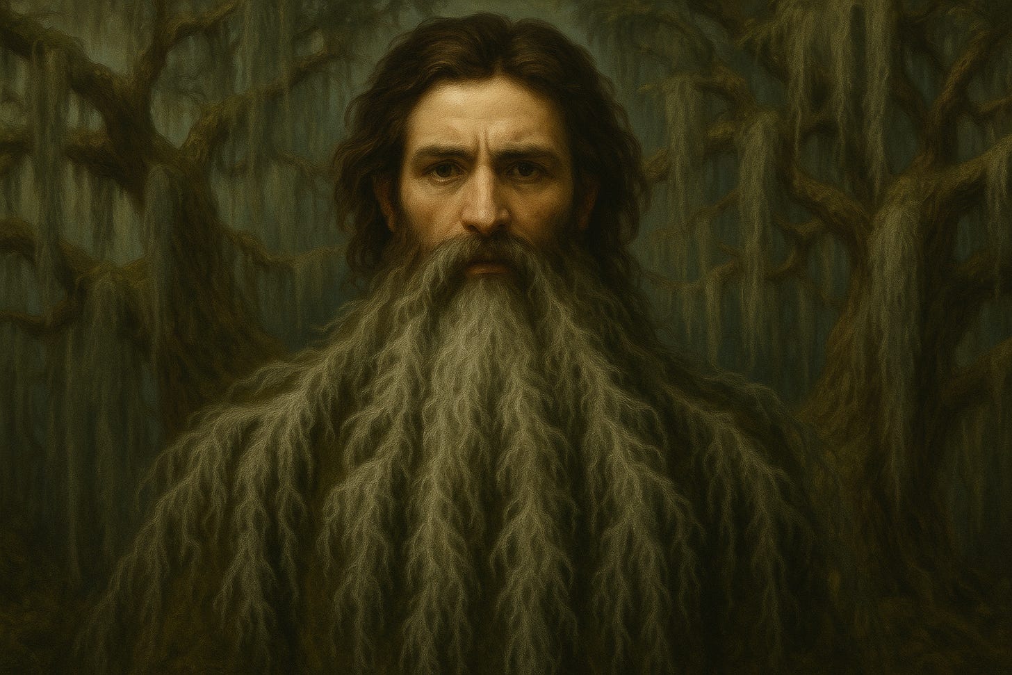 Man with beard of spanish moss, growing into the trees behind him