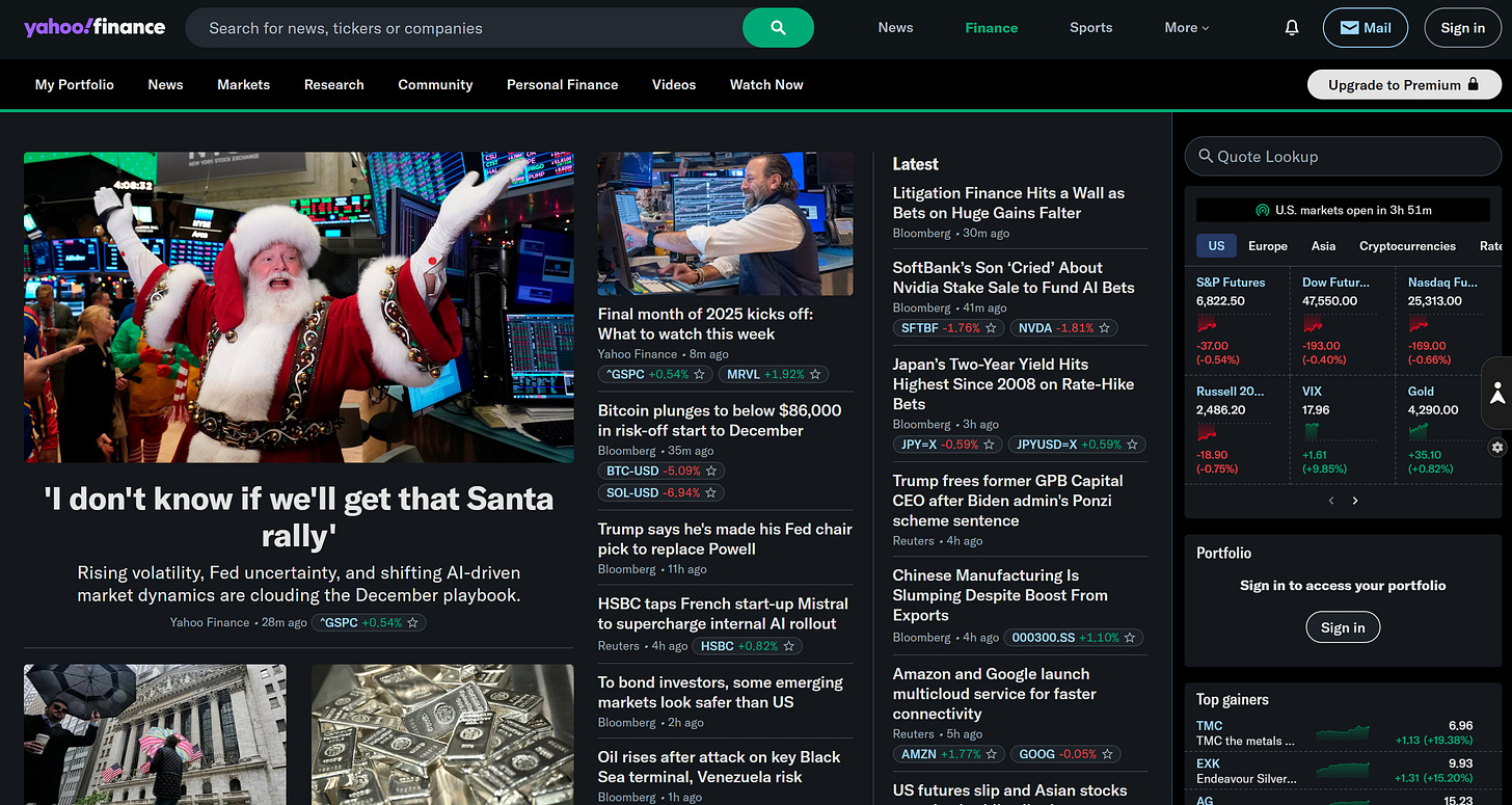 The recent Yahoo Finance homepage