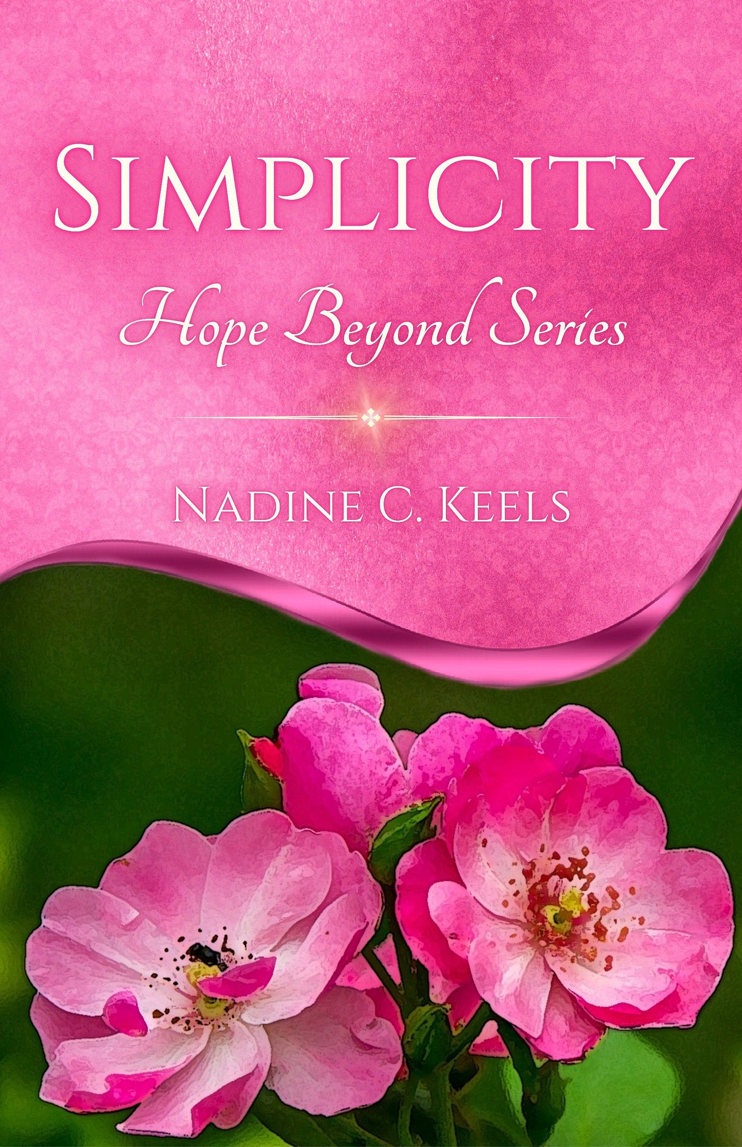 Rose pink book cover shows a small bunch of rose pink wildflowers