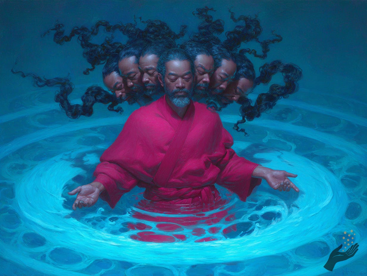 A figure in a bright pink robe stands in blue water with eyes closed, while repeated faces and dark curling hair-like forms fan out behind his head.