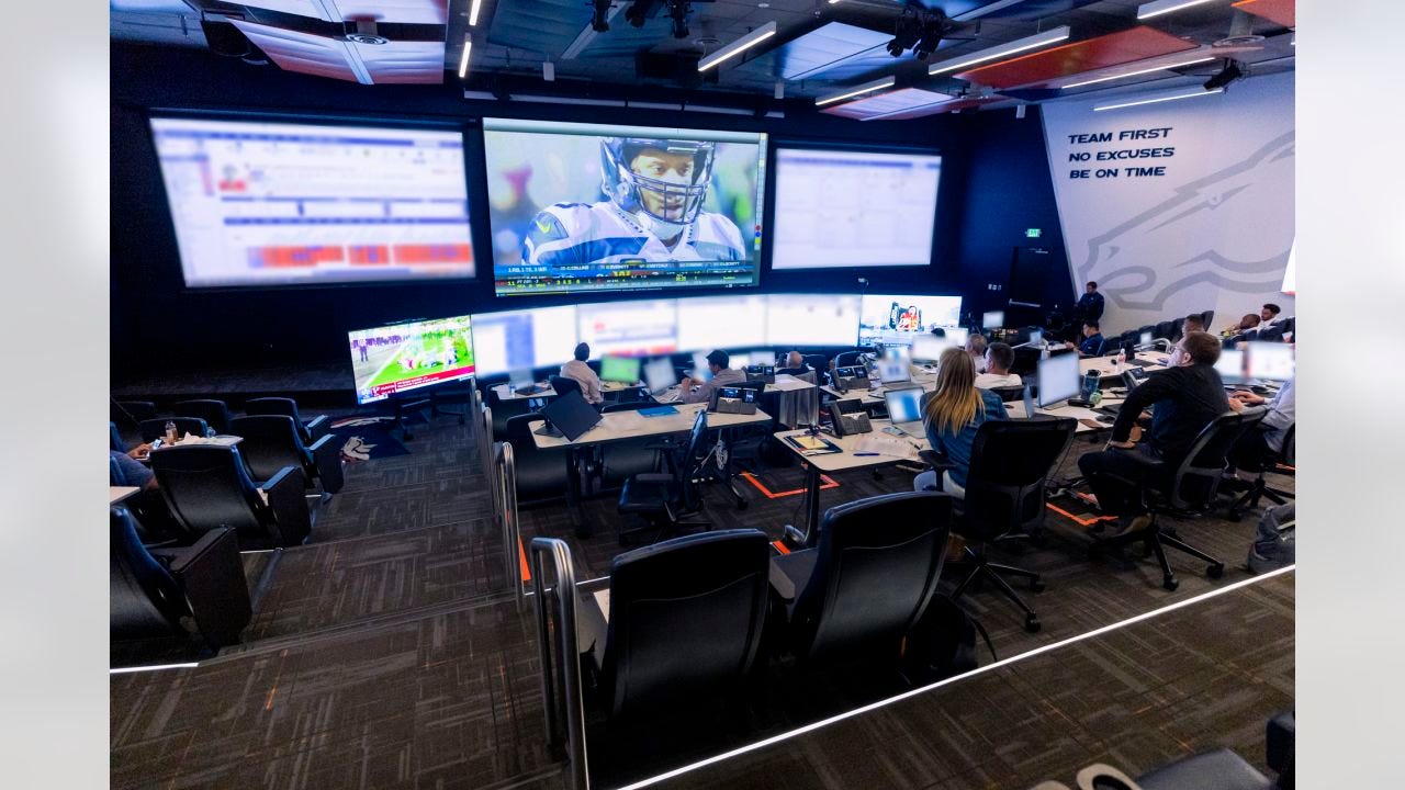 The Denver Broncos watched Russell Wilson highlights during the ninth pick of the first night of the NFL Draft on Thursday, April 28, 2022 at UCHealth Training Center in Englewood, Colorado.
Photo by Gabriel Christus