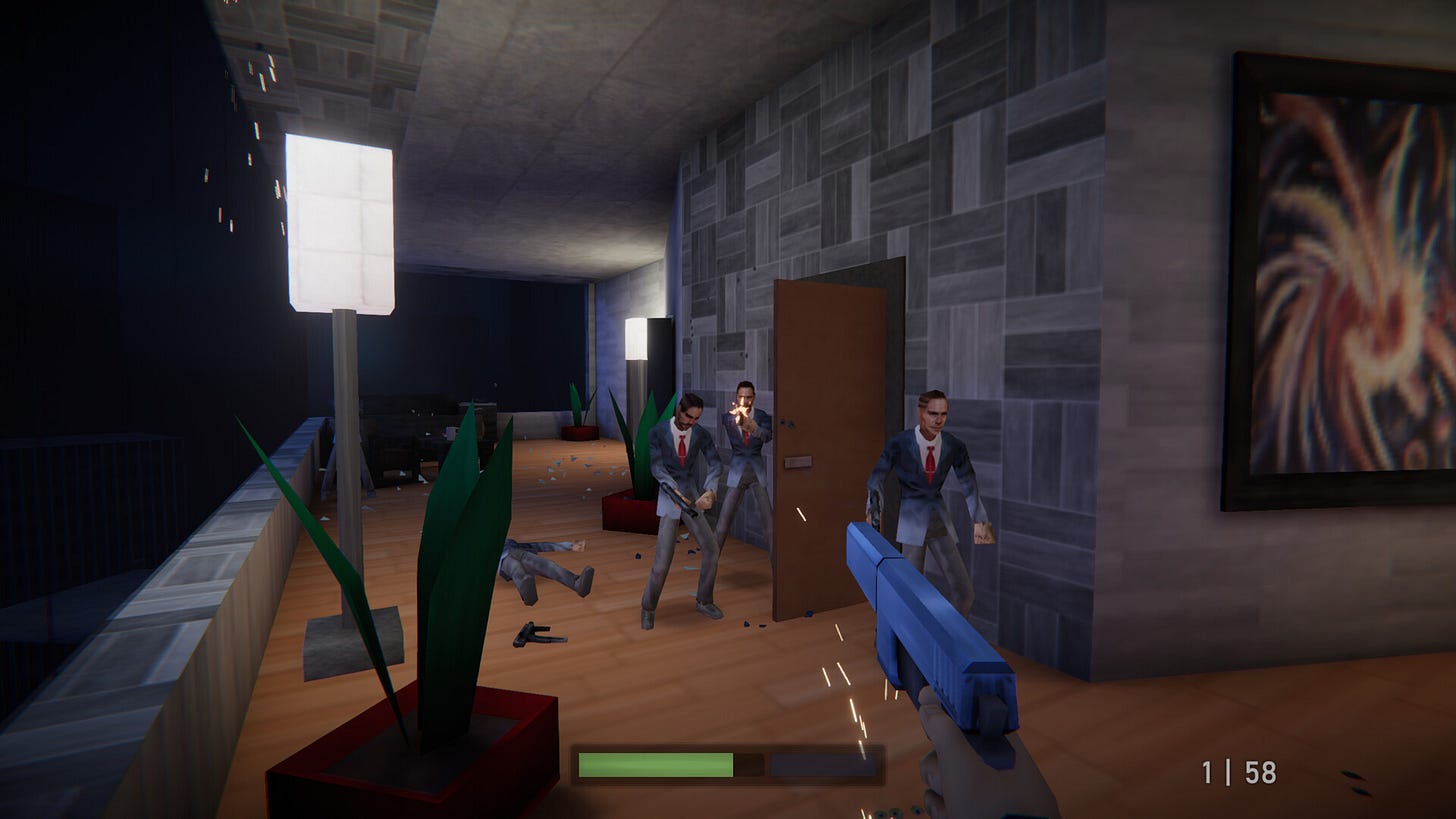 A pistol fires at polygonal villains in Agent 64