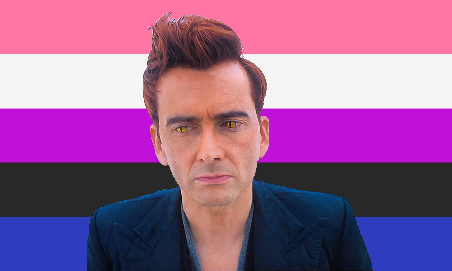 A man with short red hair and yellow snake-slit eyes superimposed on a background of the genderfluid flag: five horizontal lines in pink, white, purple, black, and blue.