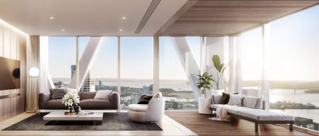 Une chambre à coucher entourée d'une baie vitrée avec vue sur la mer, en rendu informatique