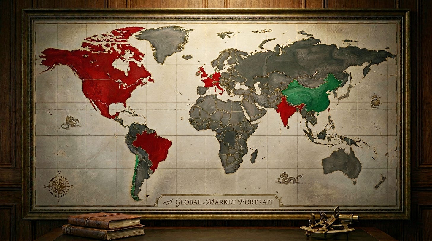 An antique-style framed world map titled "A Global Market Portrait" showing nearly every country shaded deep red representing global market losses, with only a handful of countries in green, including China and India.