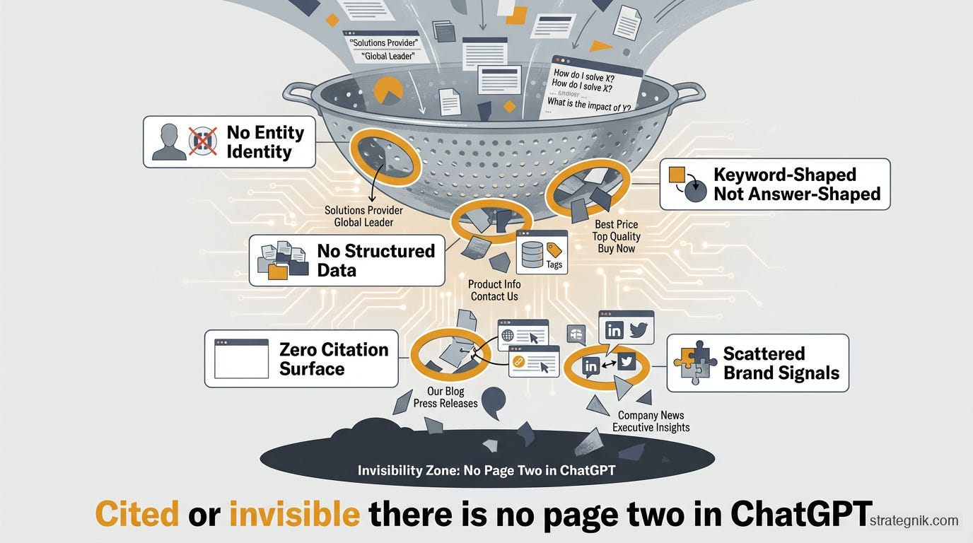 Diagnostic checklist diagram showing five reasons B2B companies are invisible to AI — no entity identity, keyword-shaped content, no structured data, zero citation surface, and scattered brand signals Diagnostic checklist diagram showing five reasons B2B companies are invisible to AI — no entity identity, keyword-shaped content, no structured data, zero citation surface, and scattered brand signals