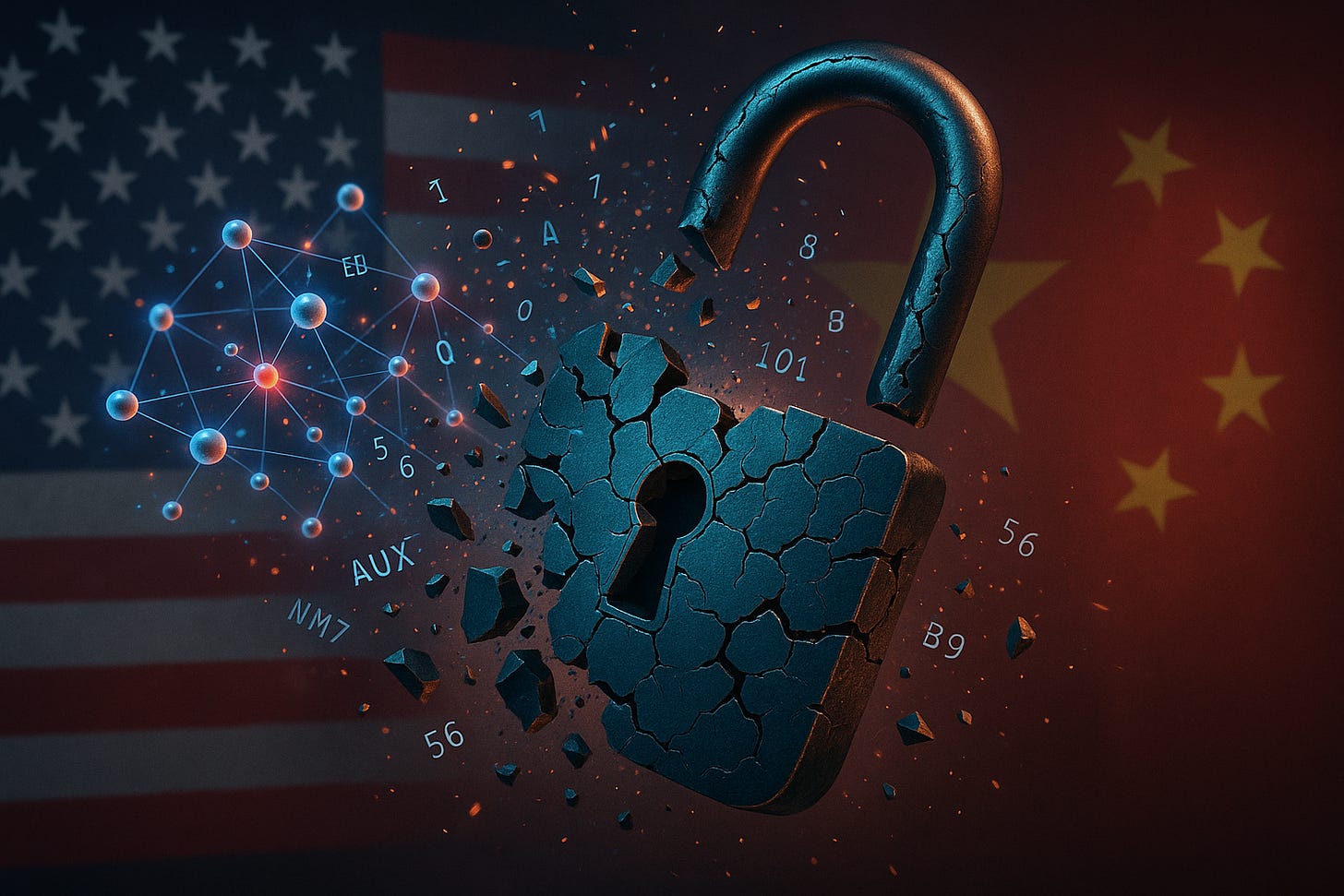 Digital lock breaking with quantum particles and cryptographic code, USA and China flags in background.