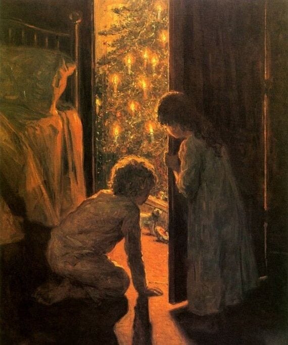 This may contain: two people standing in front of a christmas tree looking at something on the ground below This may contain: two people standing in front of a christmas tree looking at something on the ground below