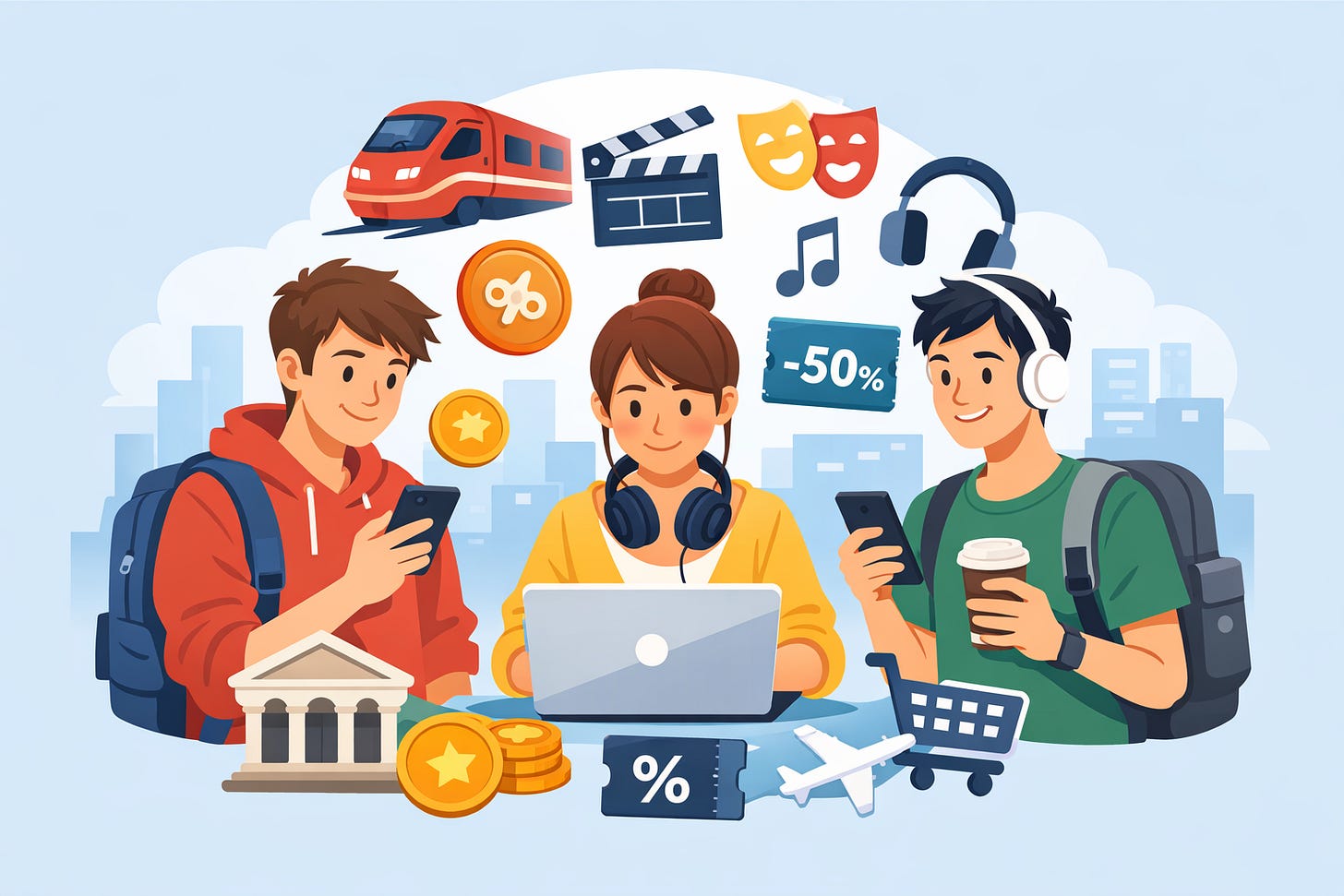 Illustrazione di studenti con smartphone e laptop circondati da icone di trasporti, streaming e carte sconto che rappresentano le agevolazioni per giovani e universitari. Illustrazione di studenti con smartphone e laptop circondati da icone di trasporti, streaming e carte sconto che rappresentano le agevolazioni per giovani e universitari.