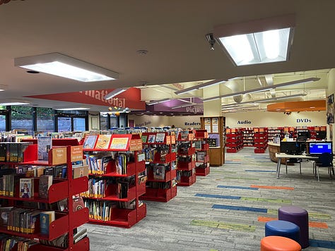Images of libraries, books, poster, and resources