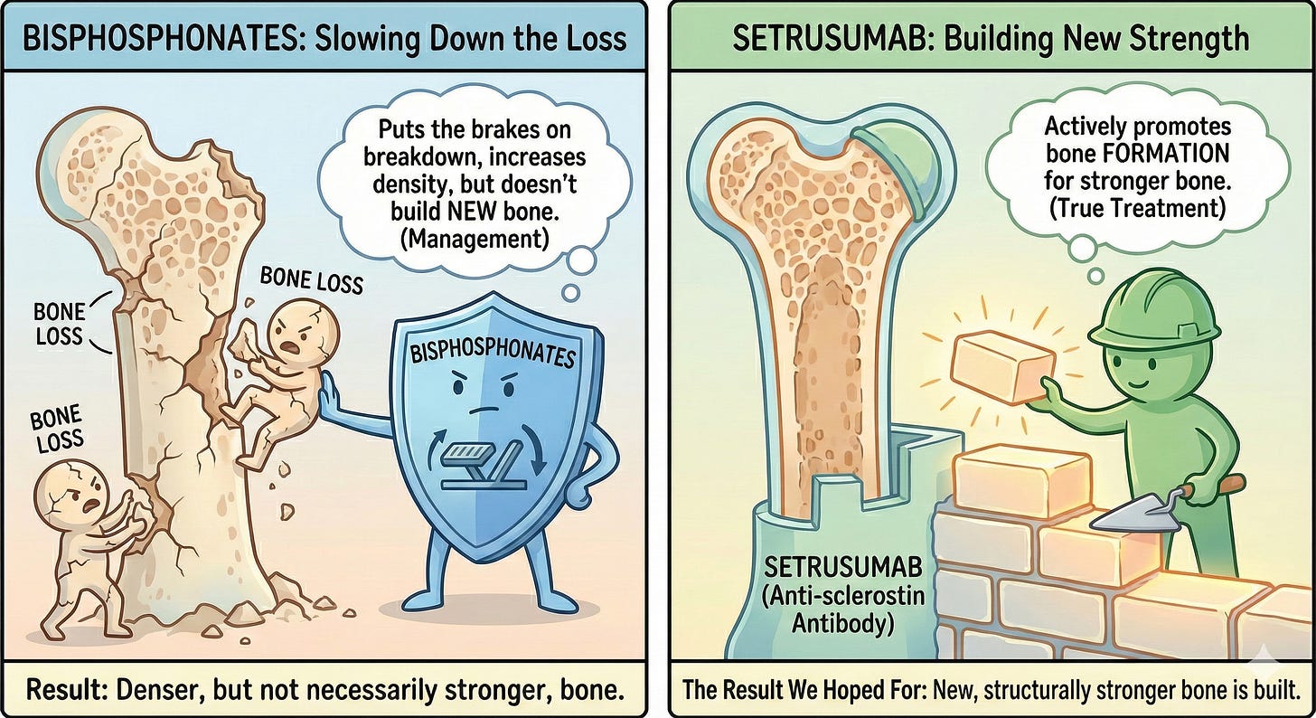 An illustration of the difference between bisphosphonates and setrusumab showing that bisphosphonates slows down bone loss and setrusumab speeds up bone production.